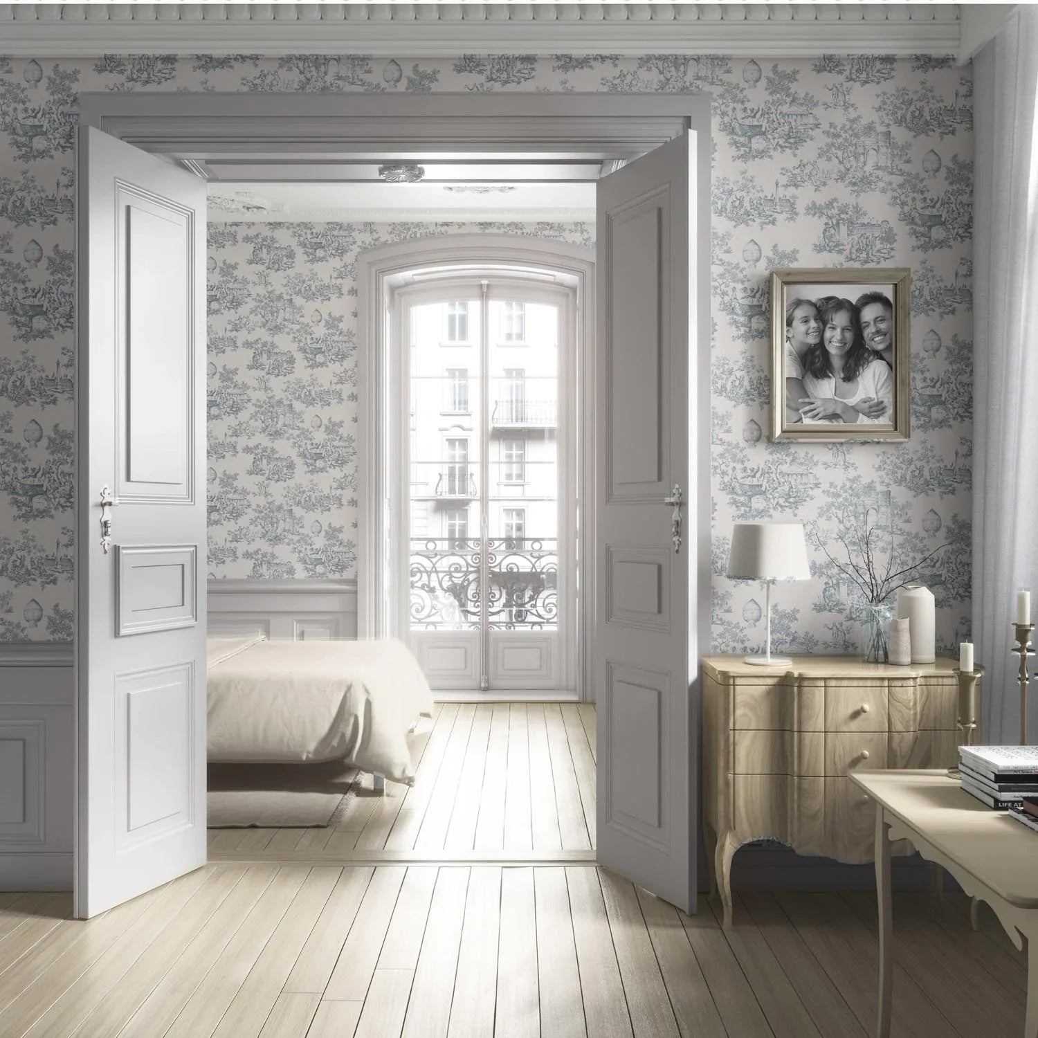 Toile de Jouy/ Nature Print Living Room Wallpaper (Blue/ Gray/ Off-White)