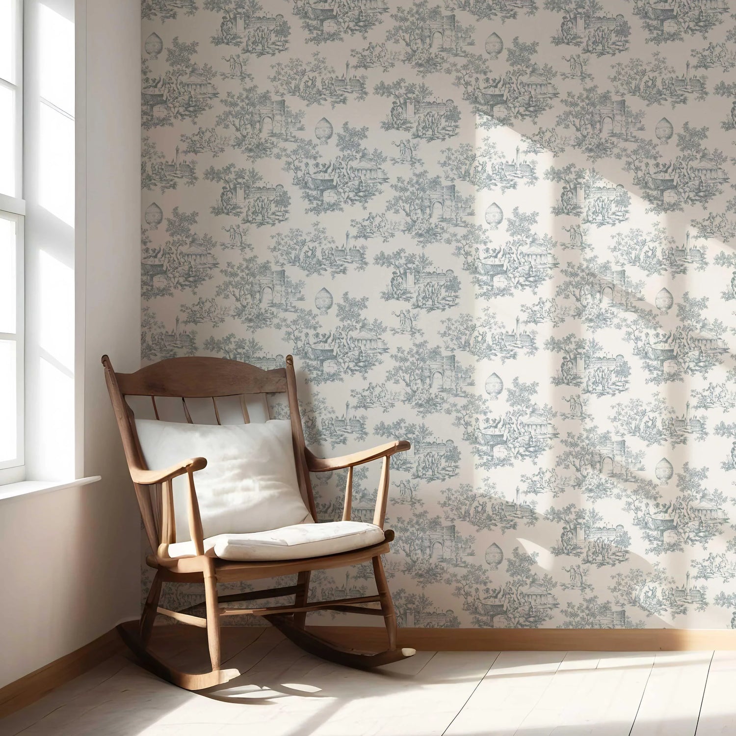 Toile de Jouy/ Nature Print Nursery Wallpaper (Blue/ Gray/ Off-White)