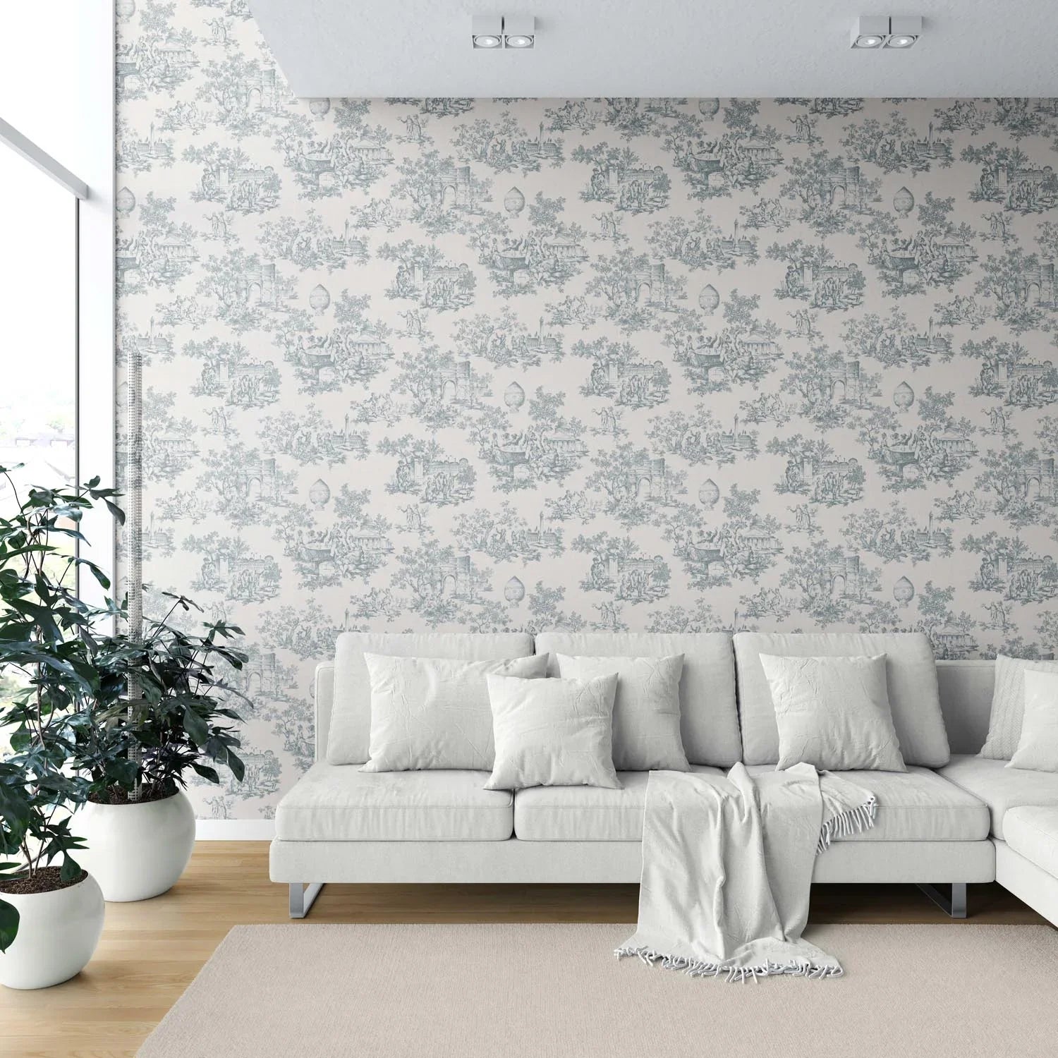 Toile de Jouy/ Nature Print Shower Toilet Wallpaper (Blue/ Gray/ Off-White)