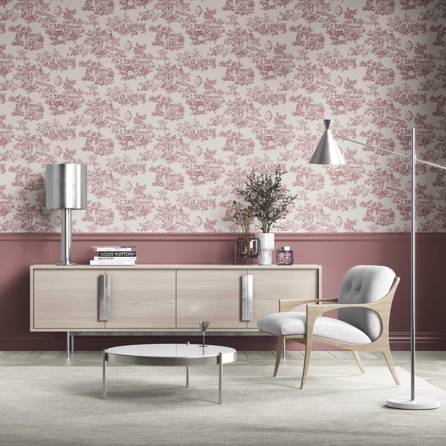 Toile de Jouy/ Nature Print Kitchen Wallpaper (Pink/ Off-White)
