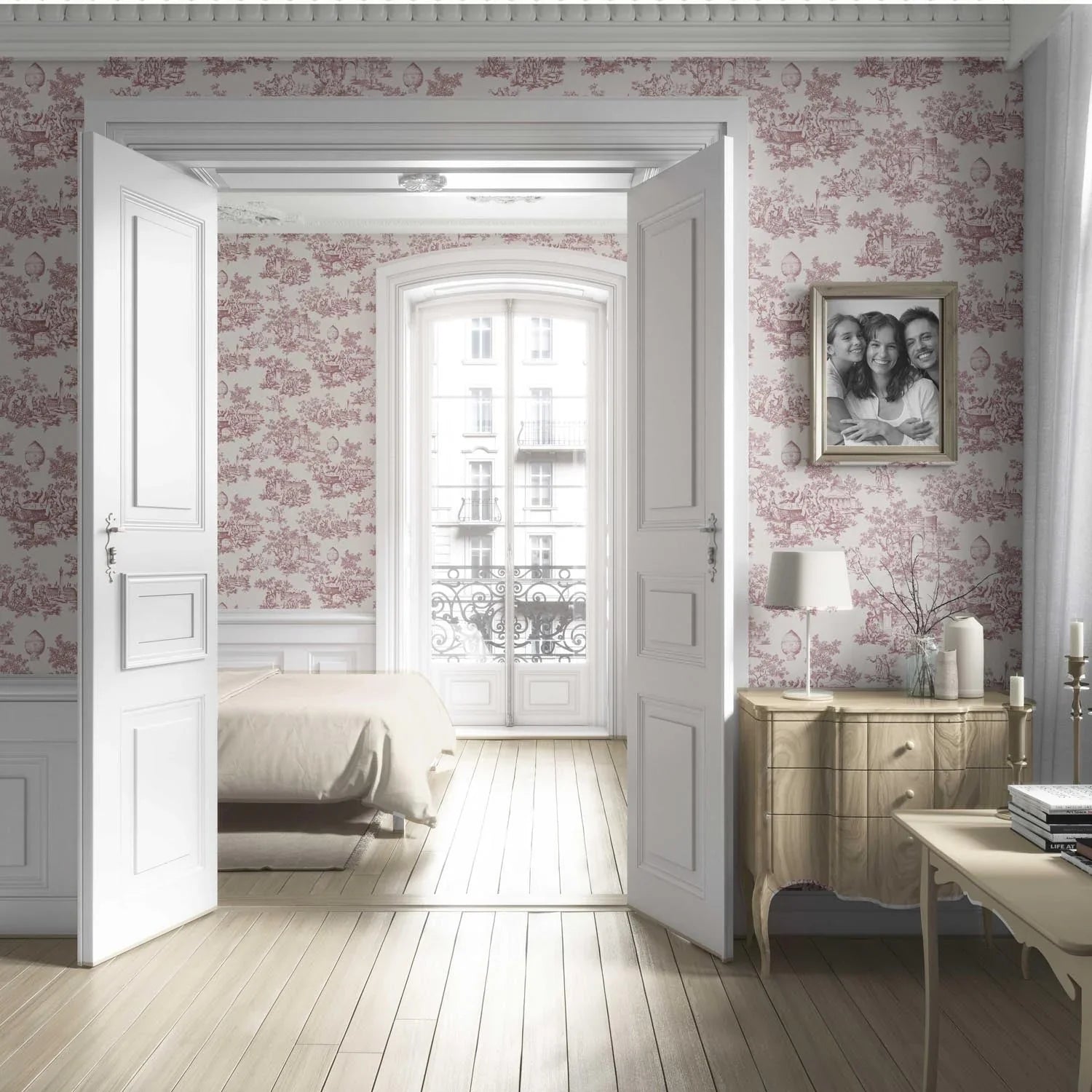 Toile de Jouy/ Nature Print Living Room Wallpaper (Pink/ Off-White)