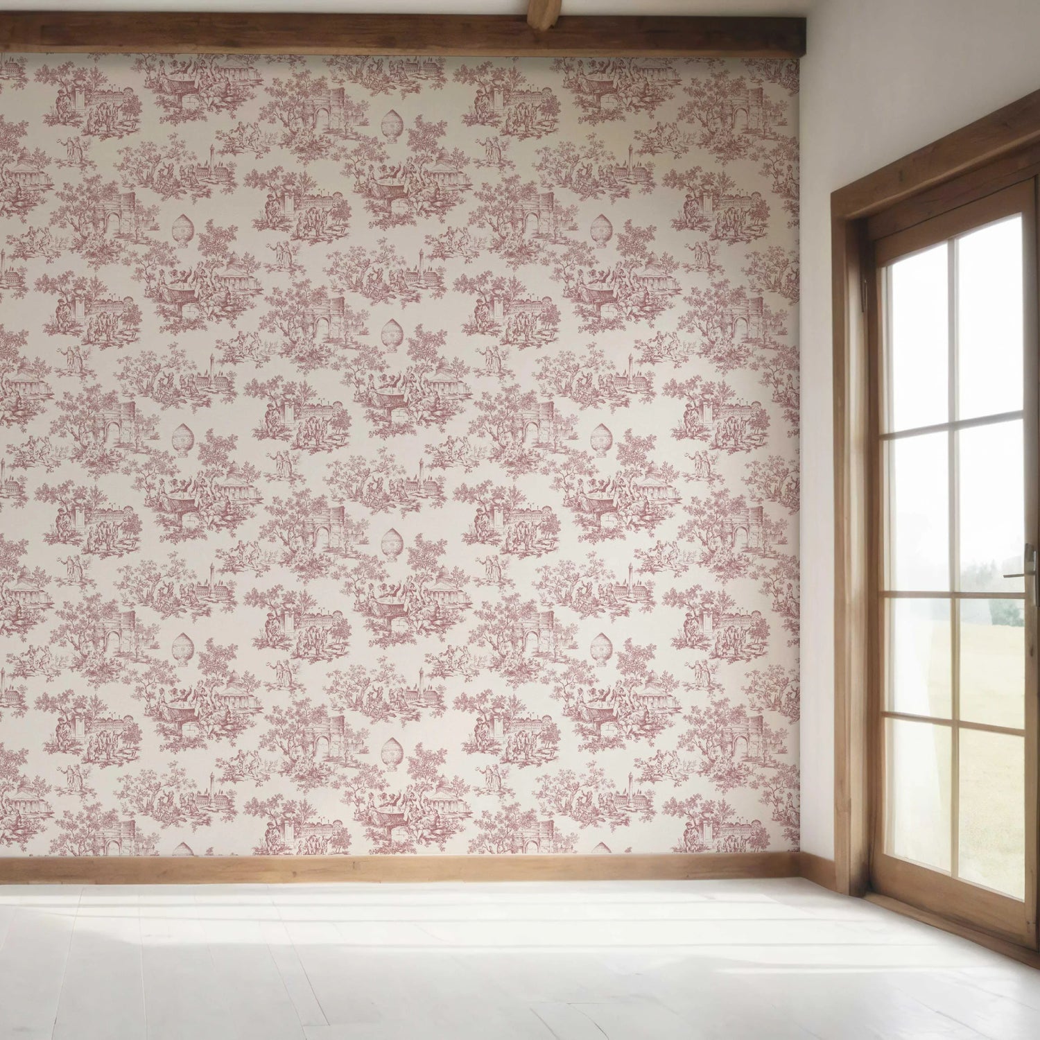 Toile de Jouy/ Nature Print Bedroom Wallpaper (Pink/ Off-White)
