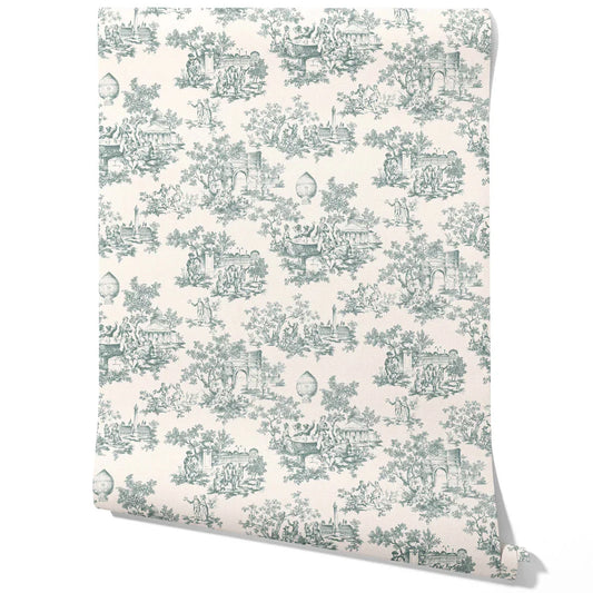 Toile de Jouy/ Nature Print Traditional Wallpaper (Duck Egg Blue/ Off-White)