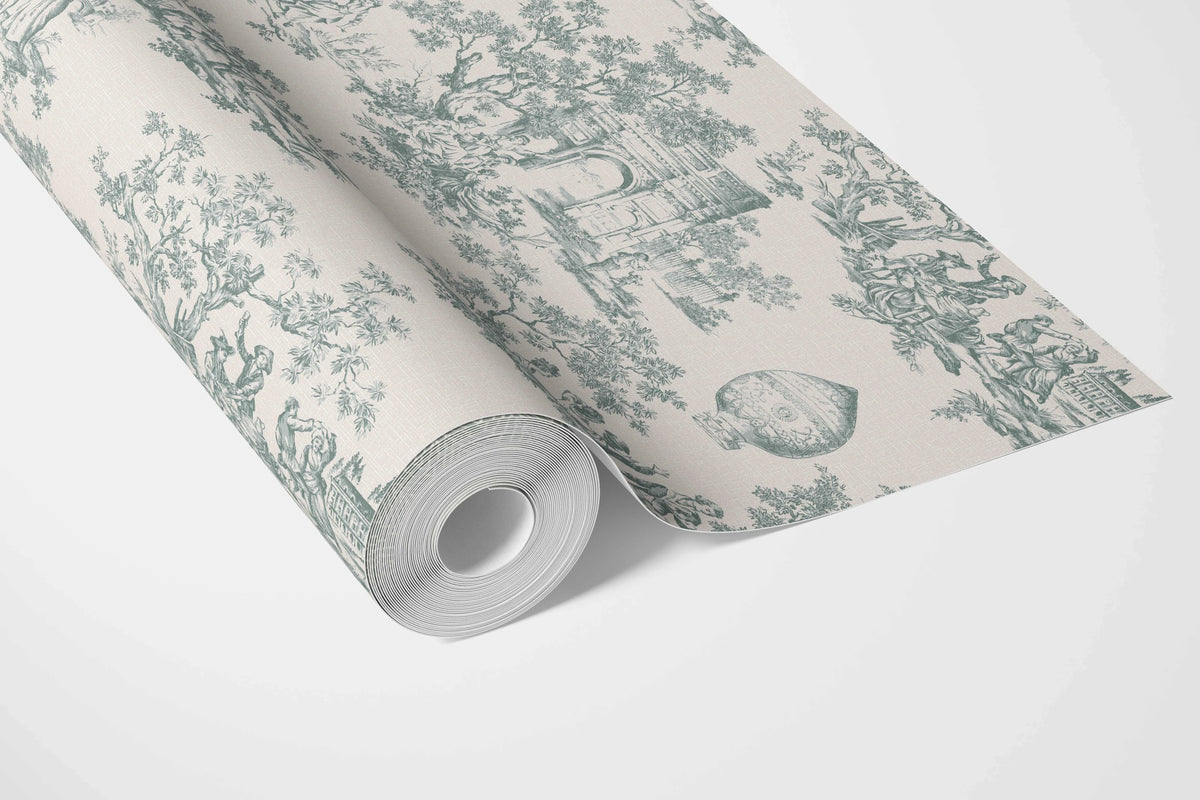 Toile de Jouy/ Nature Print Bathroom Wallpaper (Duck Egg Blue/ Off-White)