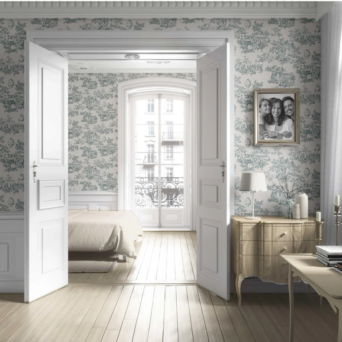 Toile de Jouy/ Nature Print Living Room Wallpaper (Duck Egg Blue/ Off-White)