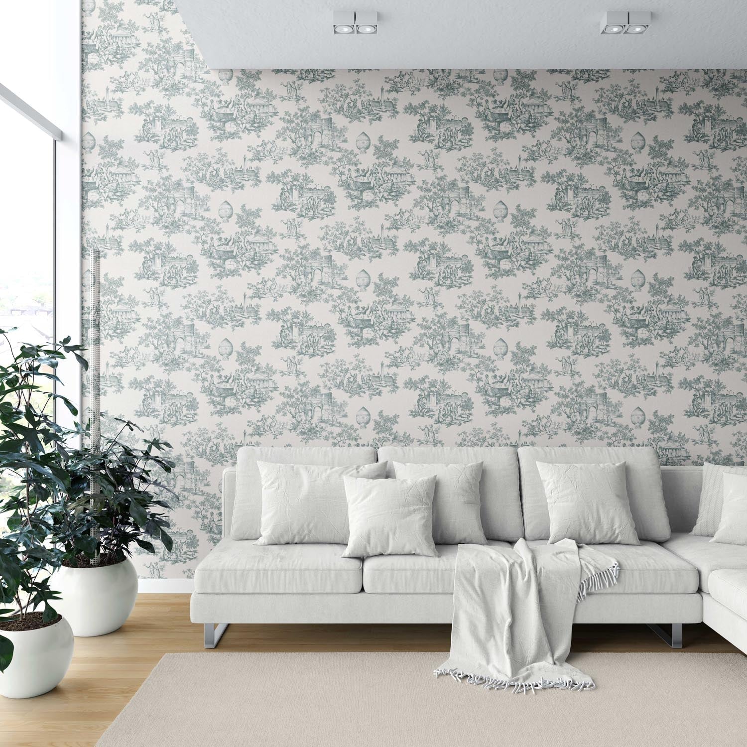 Toile de Jouy/ Nature Print Shower Toilet Wallpaper (Duck Egg Blue/ Off-White)