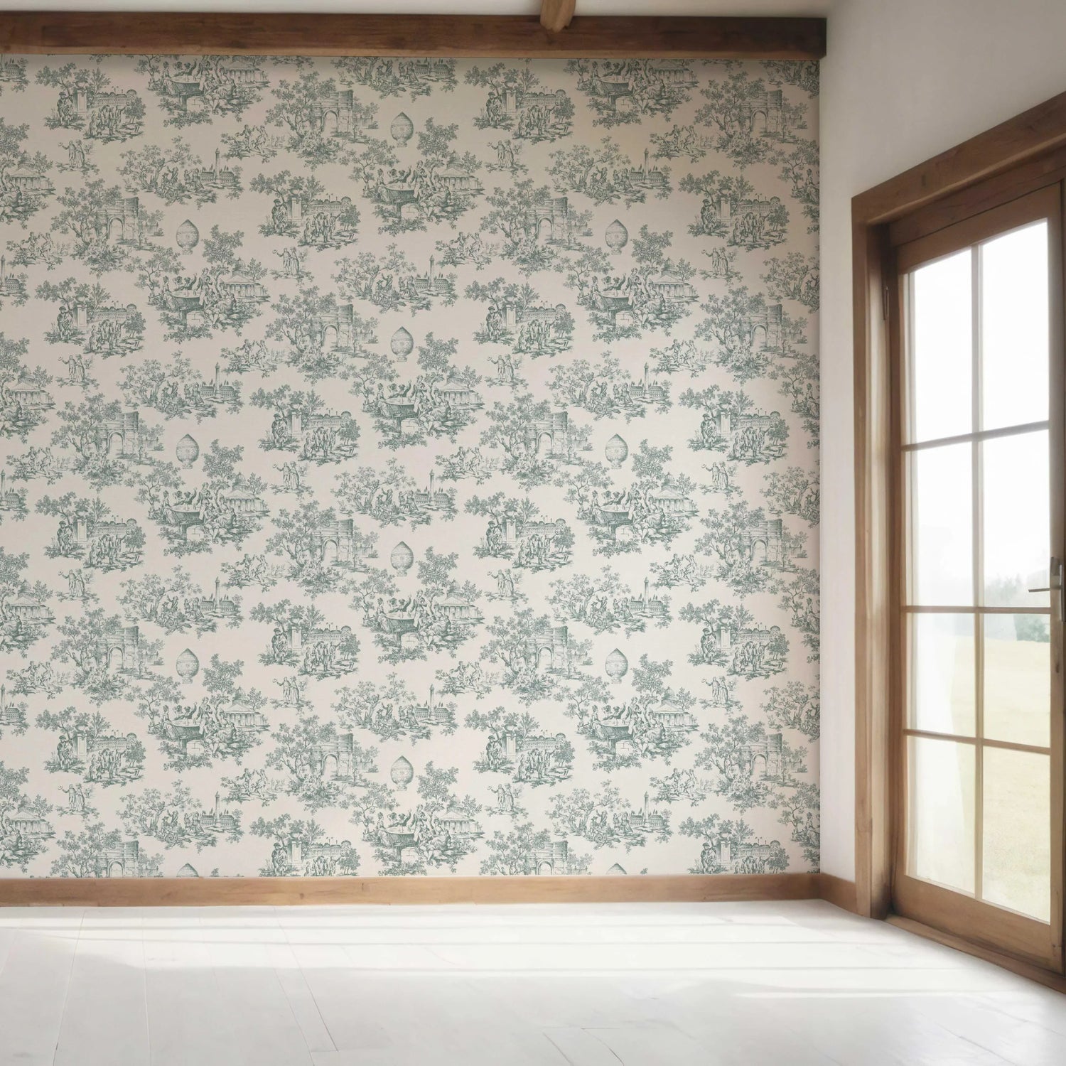 Toile de Jouy/ Nature Print Bedroom Wallpaper (Duck Egg Blue/ Off-White)
