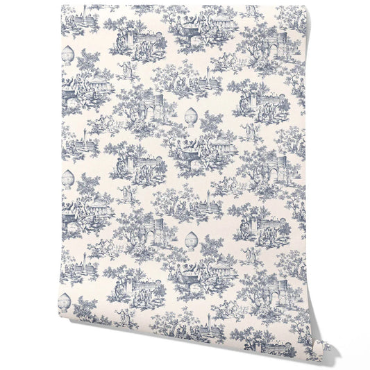 Toile de Jouy/ Nature Print Traditional Wallpaper (Navy Blue/ Off-White)
