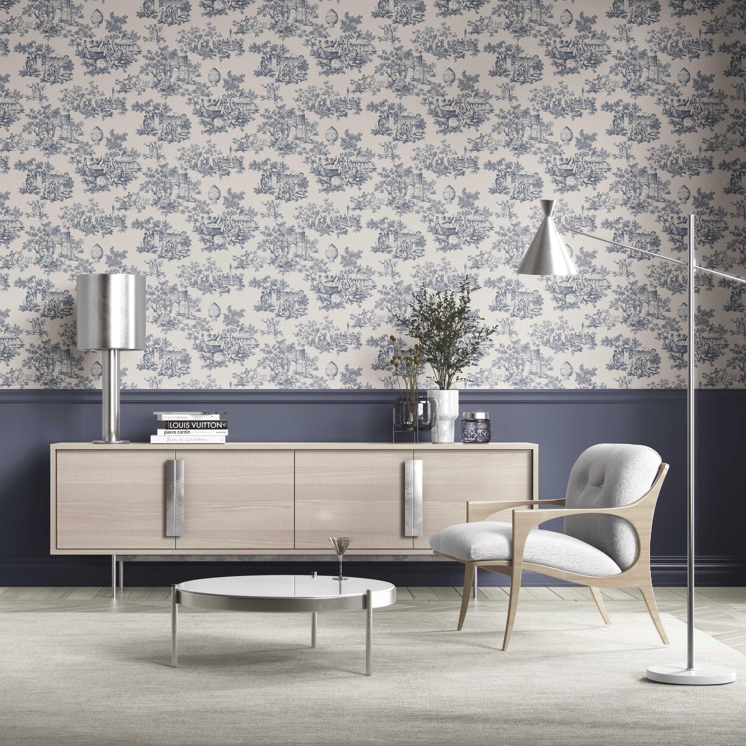 Toile de Jouy/ Nature Print Kitchen Wallpaper (Navy Blue/ Off-White)
