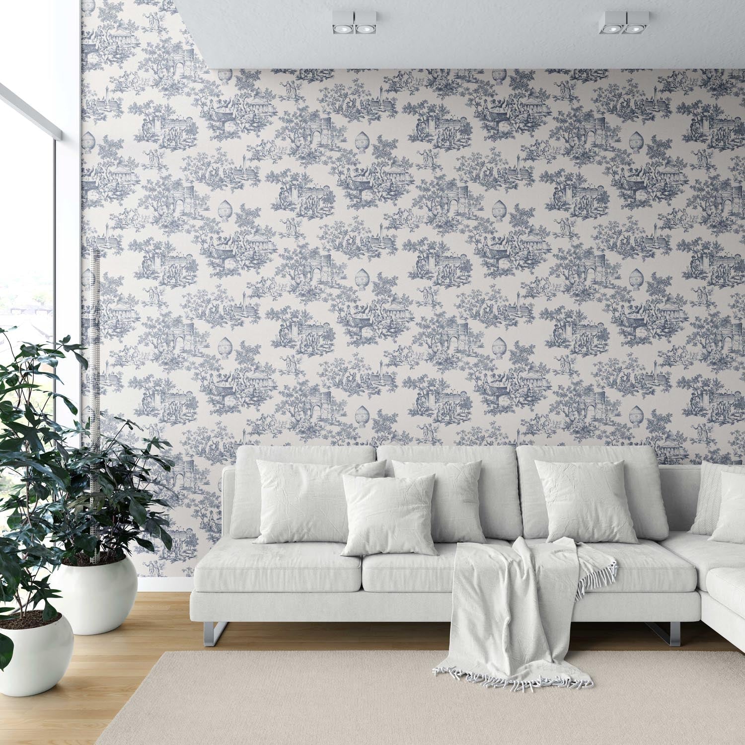 Toile de Jouy/ Nature Print Shower Toilet Wallpaper (Navy Blue/ Off-White)