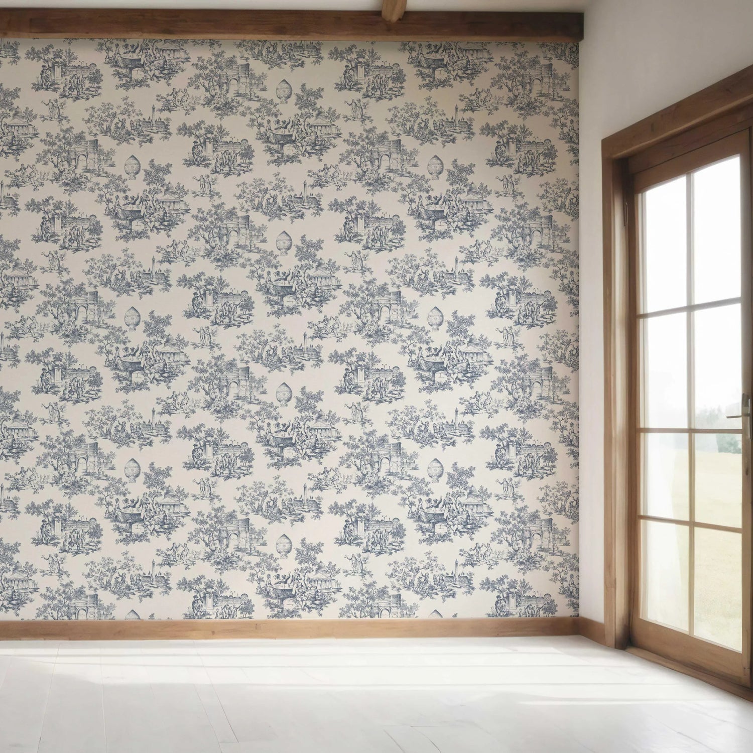 Toile de Jouy/ Nature Print Bedroom Wallpaper (Navy Blue/ Off-White)