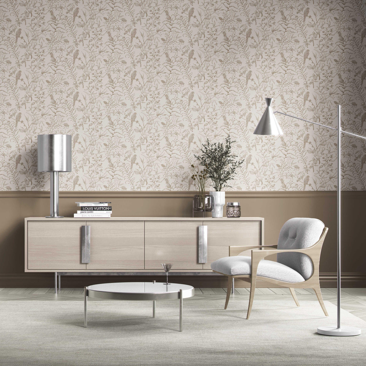 Birds Print/ Botanical Kitchen Wallpaper Beige/ Brown/ Warm Gray