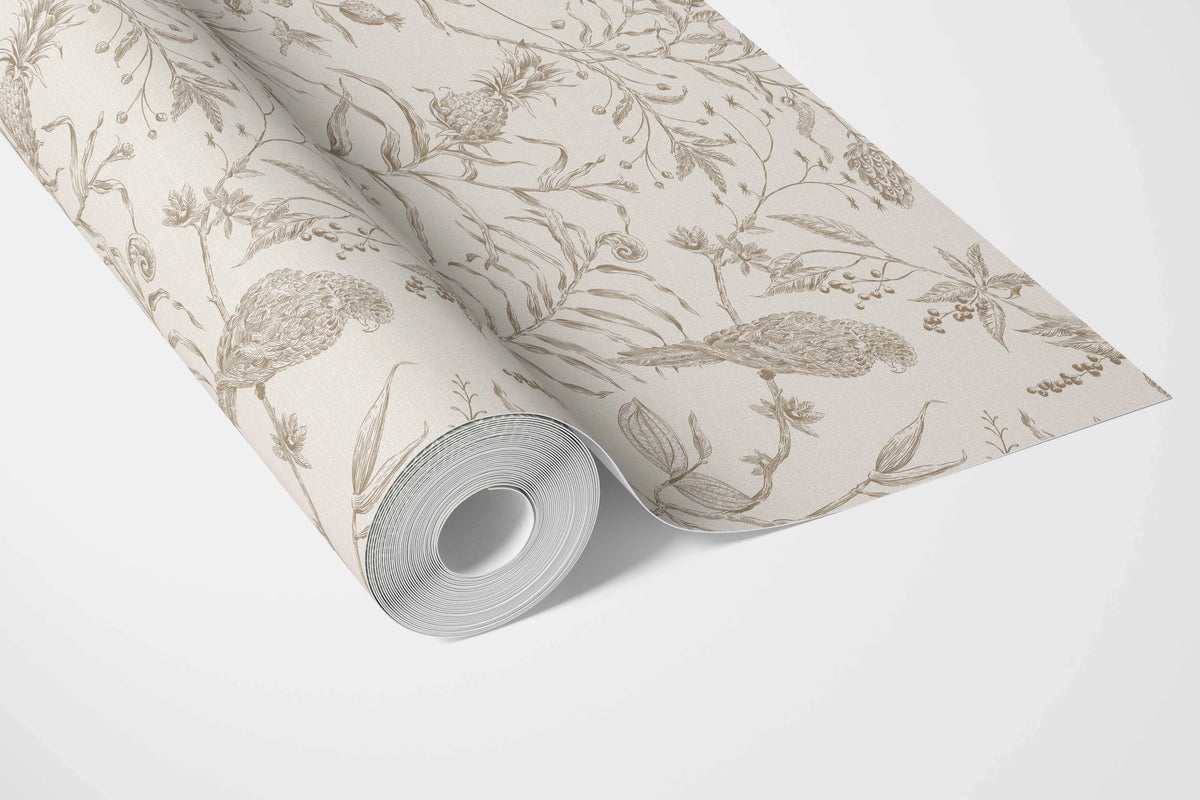 Birds Print/ Botanical Bathroom Wallpaper Beige/ Brown/ Warm Gray