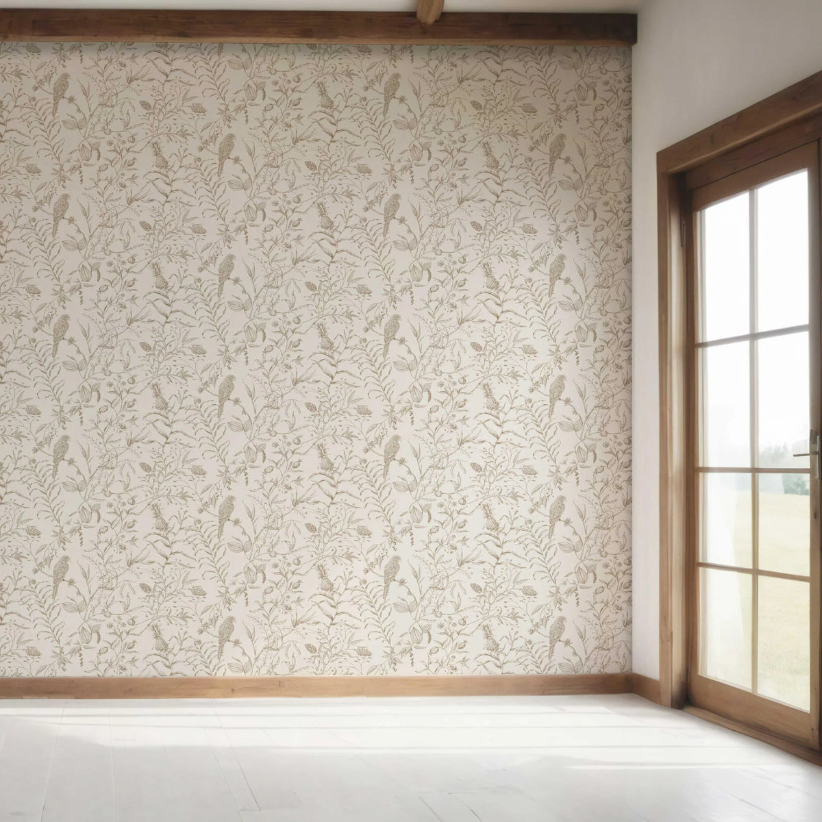 Birds Print/ Botanical Bedroom Wallpaper Beige/ Brown/ Warm Gray