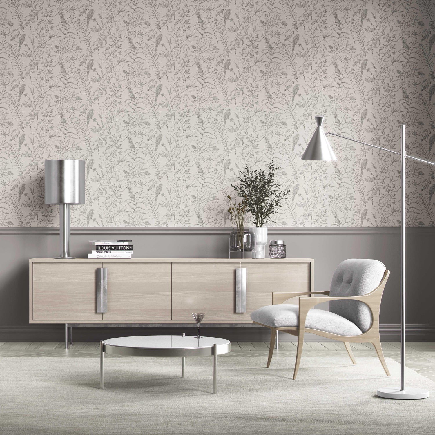 Birds Print/ Botanical Kitchen Wallpaper (Gray/ Off-White)