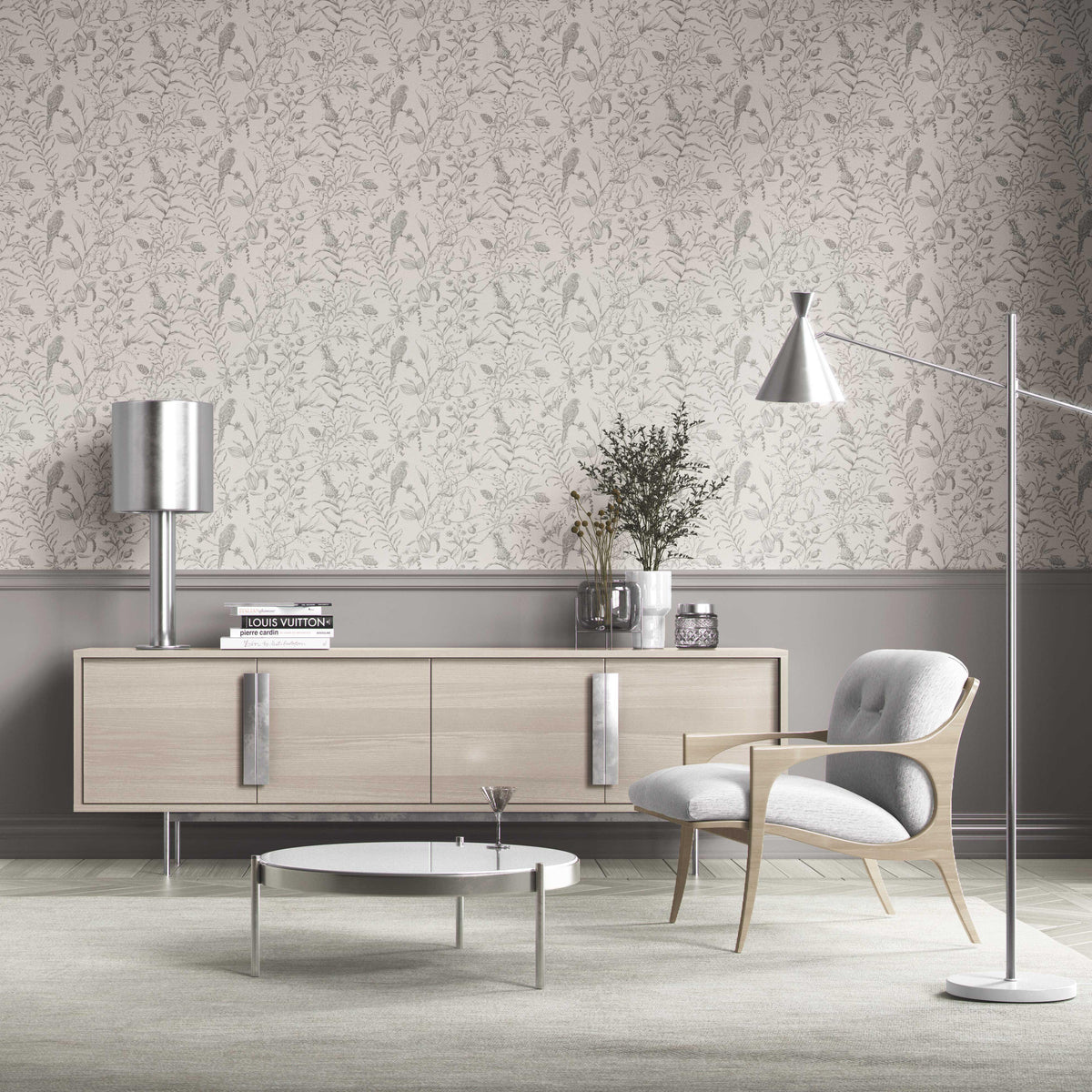 Birds Print/ Botanical Kitchen Wallpaper (Gray/ Off-White)