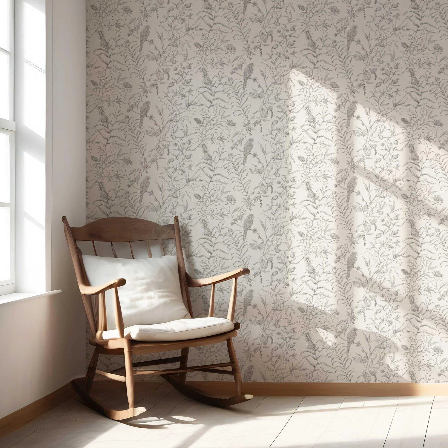 Birds Print/ Botanical Nursery Wallpaper (Gray/ Off-White)