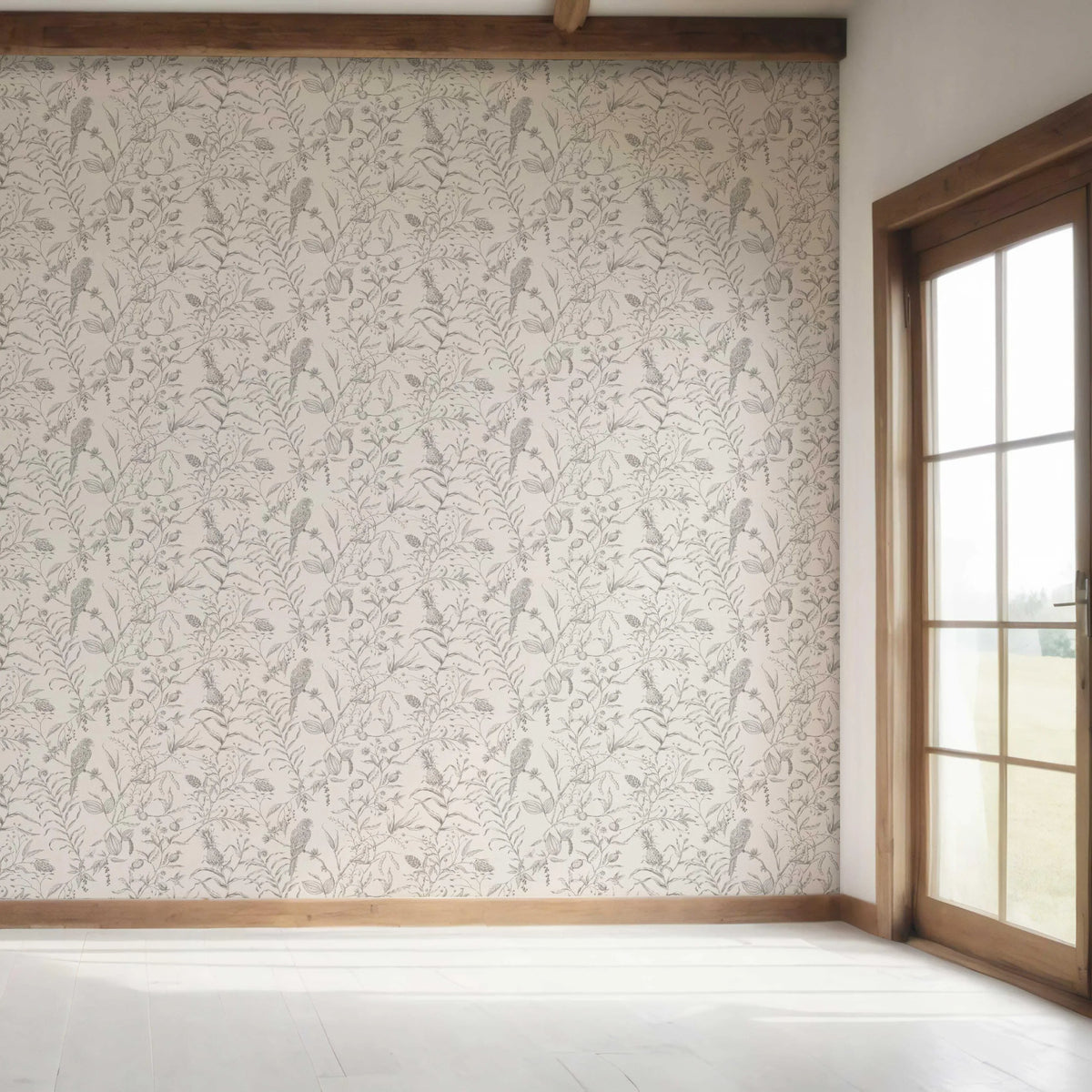 Birds Print/ Botanical Bedroom Wallpaper (Gray/ Off-White)