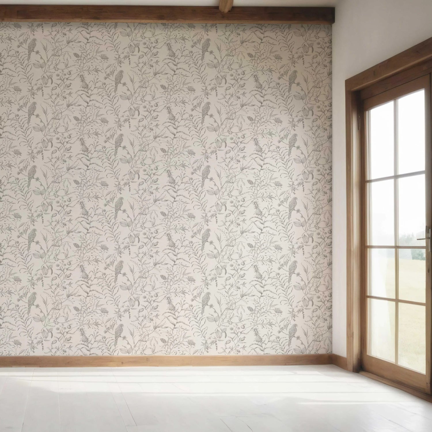 Birds Print/ Botanical Bedroom Wallpaper (Gray/ Off-White)