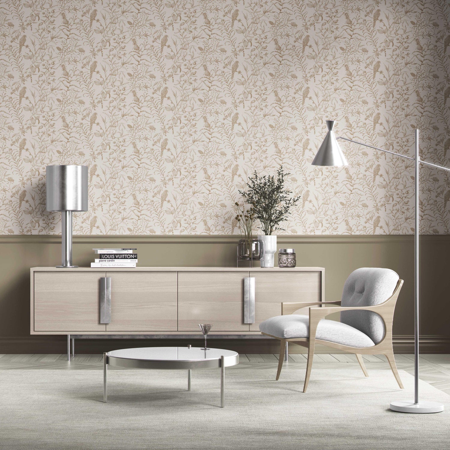 Birds Print/ Botanical Kitchen Wallpaper (Beige/ Brown/ Warm Gray)