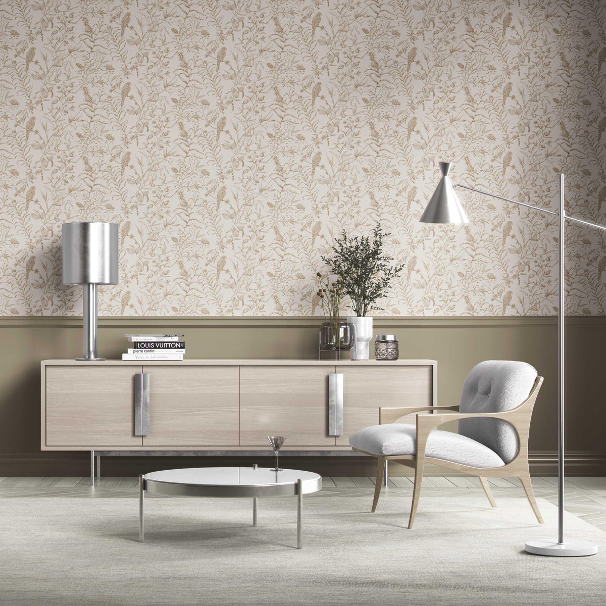 Birds Print/ Botanical Kitchen Wallpaper (Beige/ Brown/ Warm Gray)