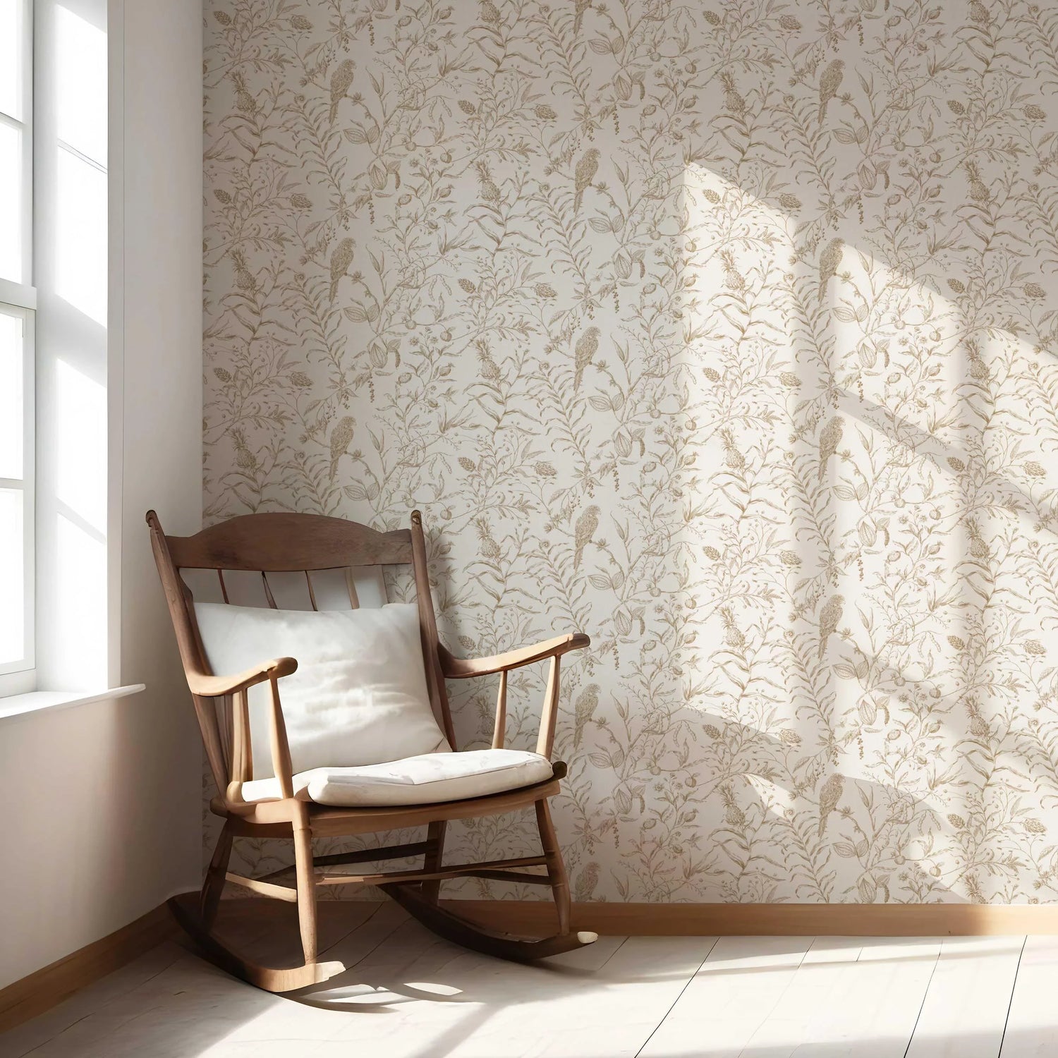 Birds Print/ Botanical Nursery Wallpaper (Beige/ Brown/ Warm Gray)