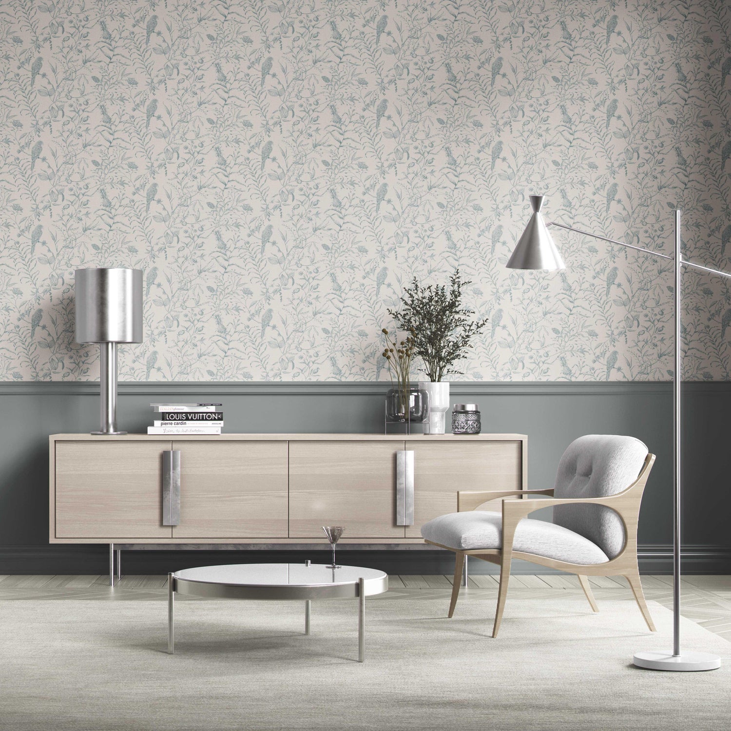 Birds Print/ Botanical Kitchen Wallpaper (Duck Egg Blue/ Off-White)