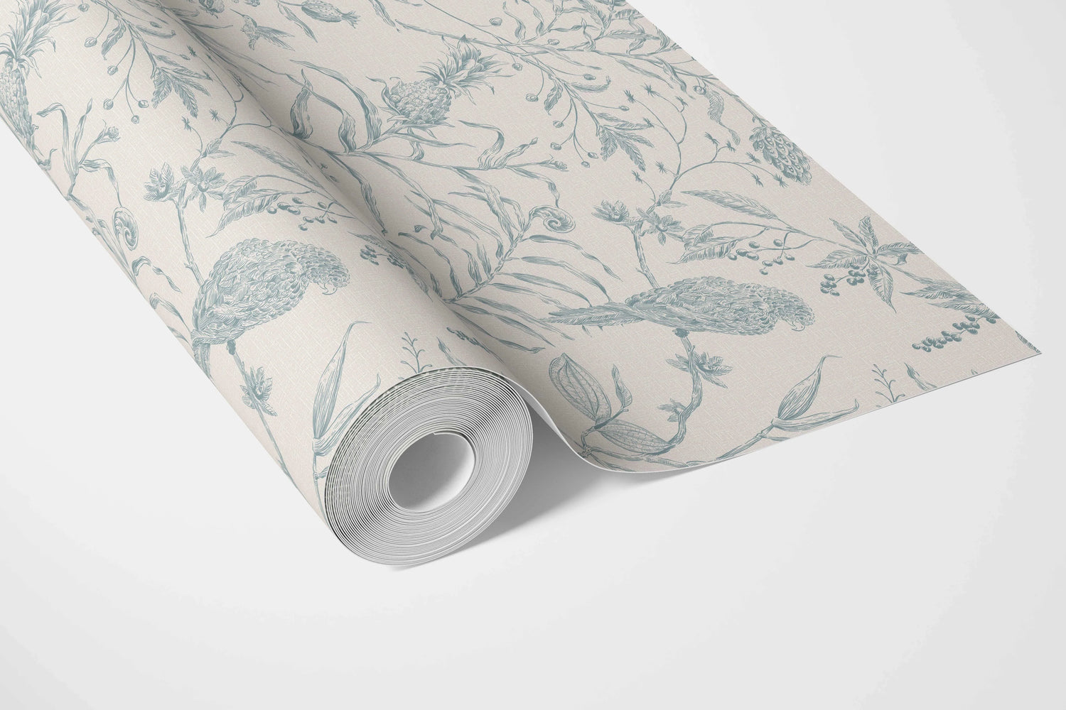 Birds Print/ Botanical Bathroom Wallpaper (Duck Egg Blue/ Off-White)