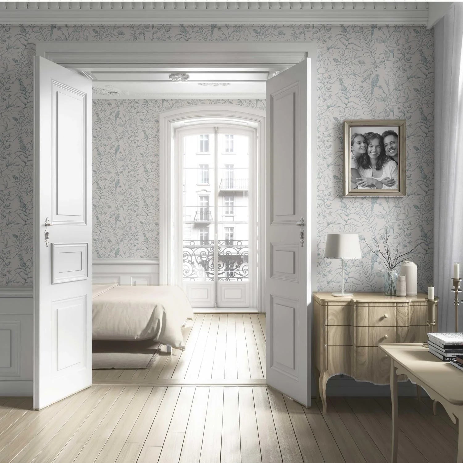 Birds Print/ Botanical Living Room Wallpaper (Duck Egg Blue/ Off-White)