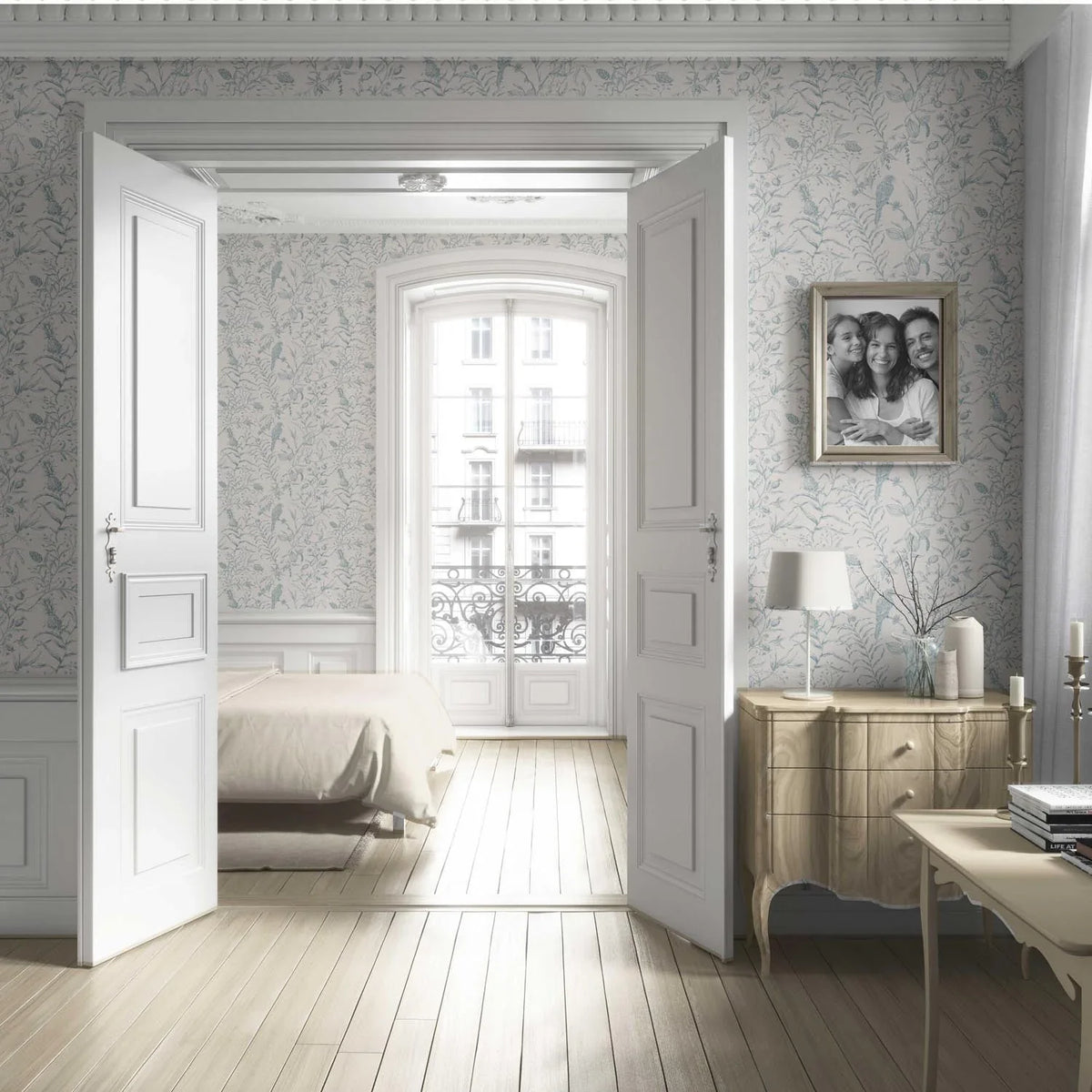 Birds Print/ Botanical Living Room Wallpaper (Duck Egg Blue/ Off-White)