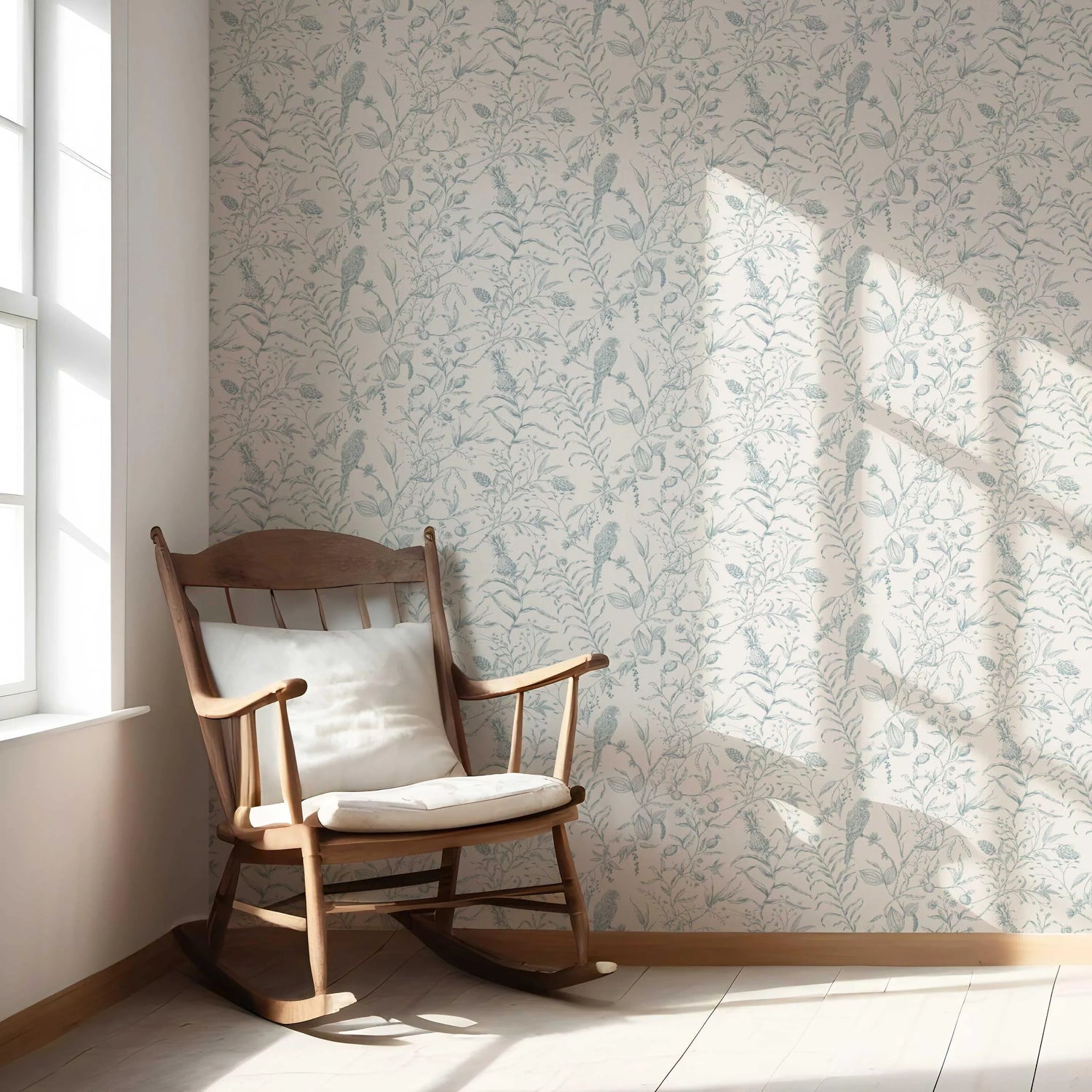 Birds Print/ Botanical Nursery Wallpaper (Duck Egg Blue/ Off-White)
