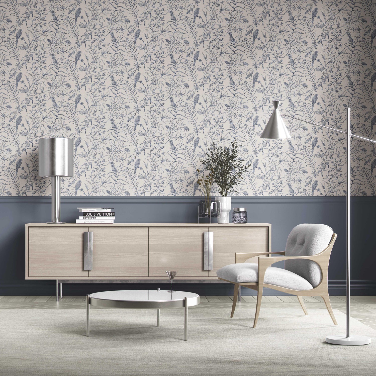 Birds Print/ Botanical Kitchen Wallpaper (Navy Blue)