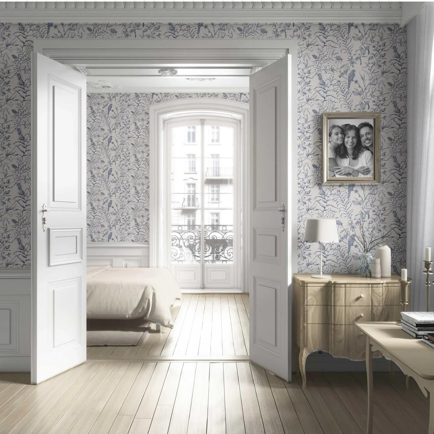 Birds Print/ Botanical Living Room Wallpaper (Navy Blue)