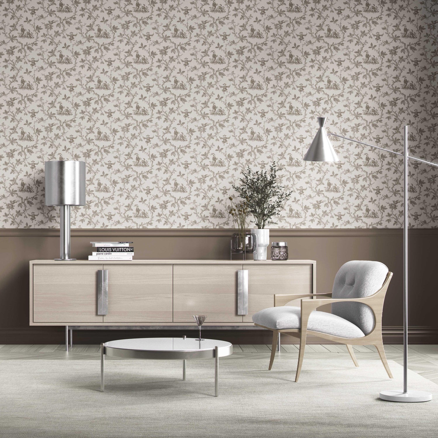 Floral Toile de Jouy Kitchen Wallpaper (Beige/ Brown/ Taupe)