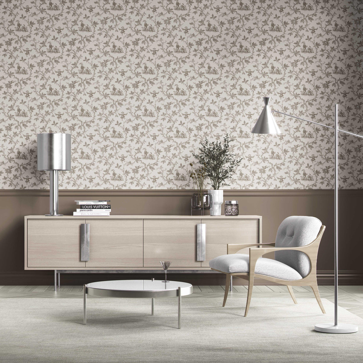 Floral Toile de Jouy Kitchen Wallpaper (Beige/ Brown/ Taupe)