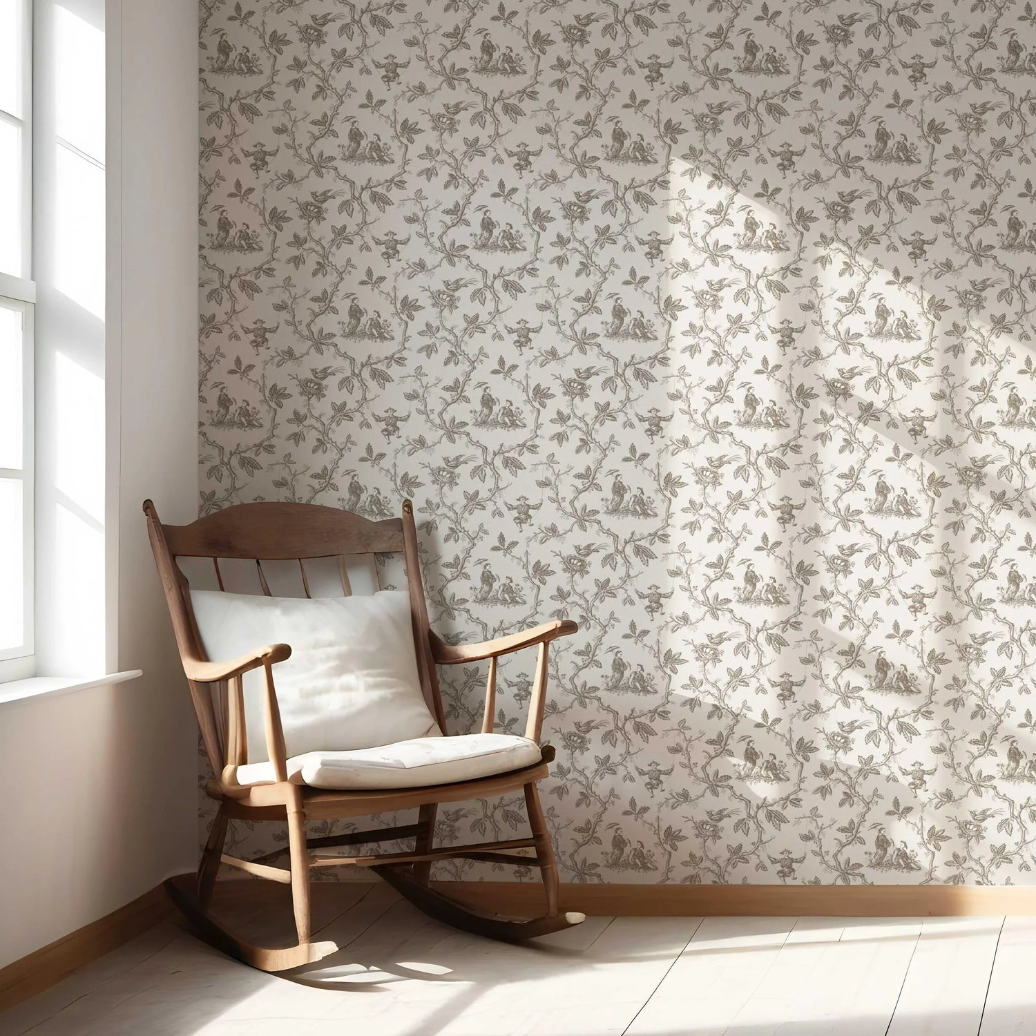 Floral Toile de Jouy Nursery Wallpaper (Beige/ Brown/ Taupe)