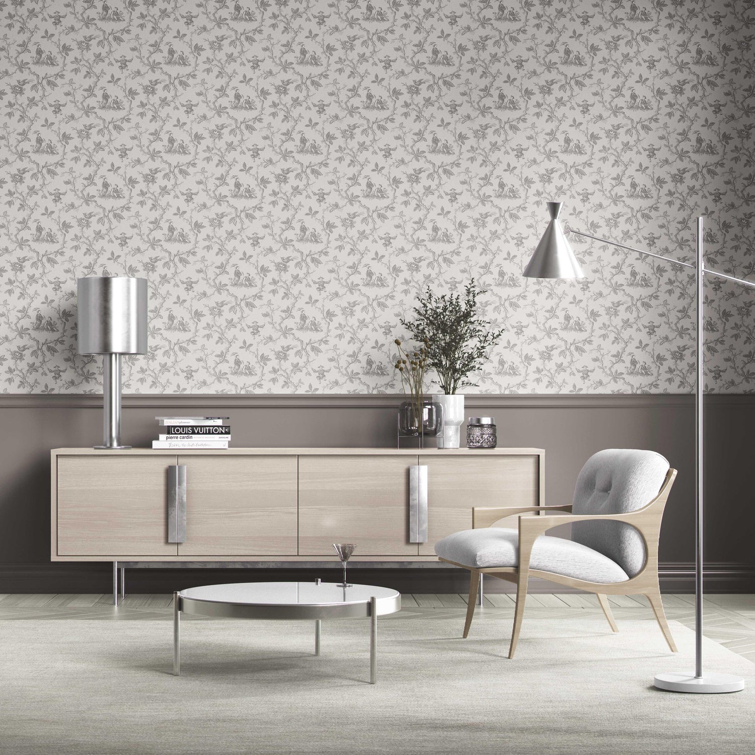 Floral Toile de Jouy Kitchen Wallpaper (Gray/ Off-White)