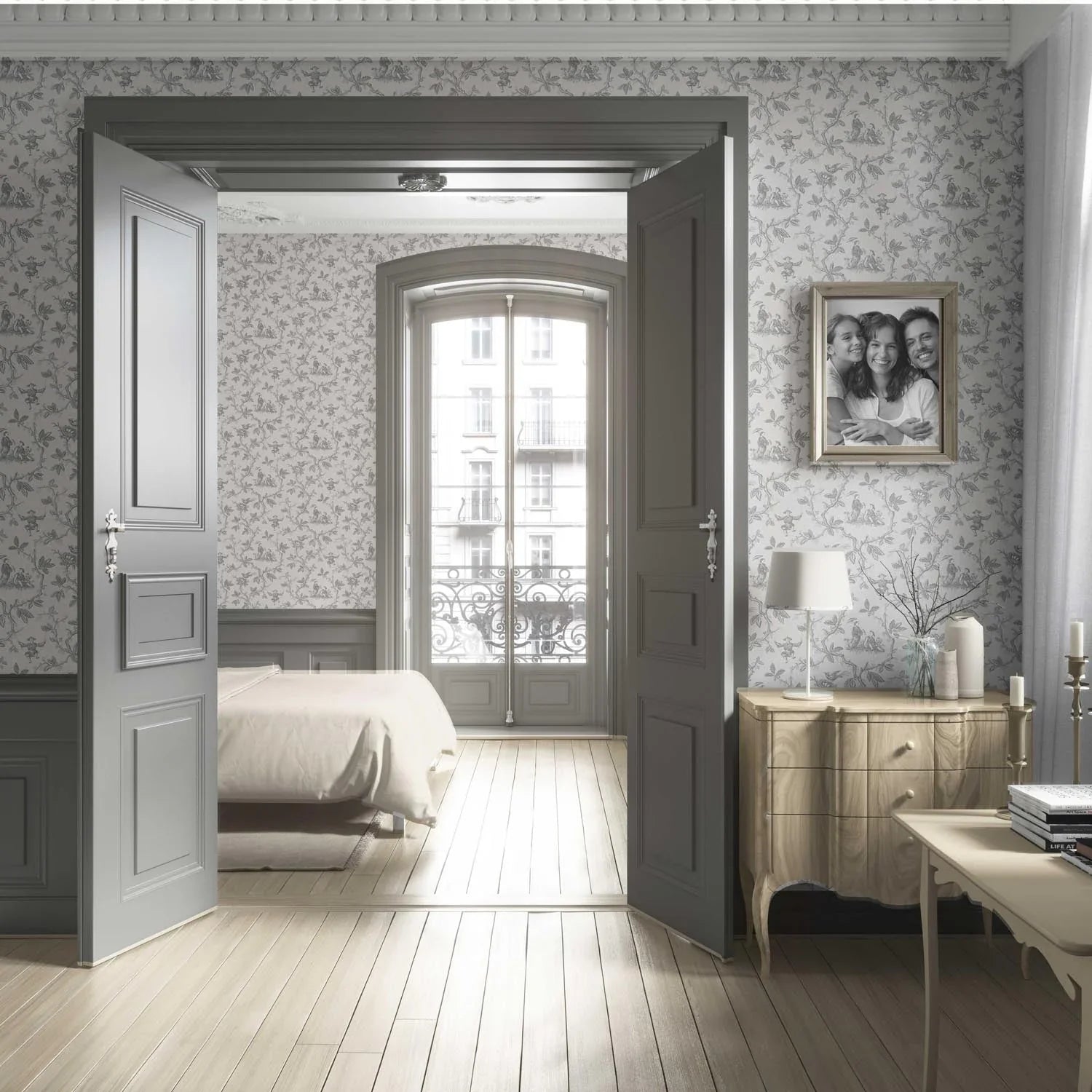 Floral Toile de Jouy Living Room Wallpaper (Gray/ Off-White)