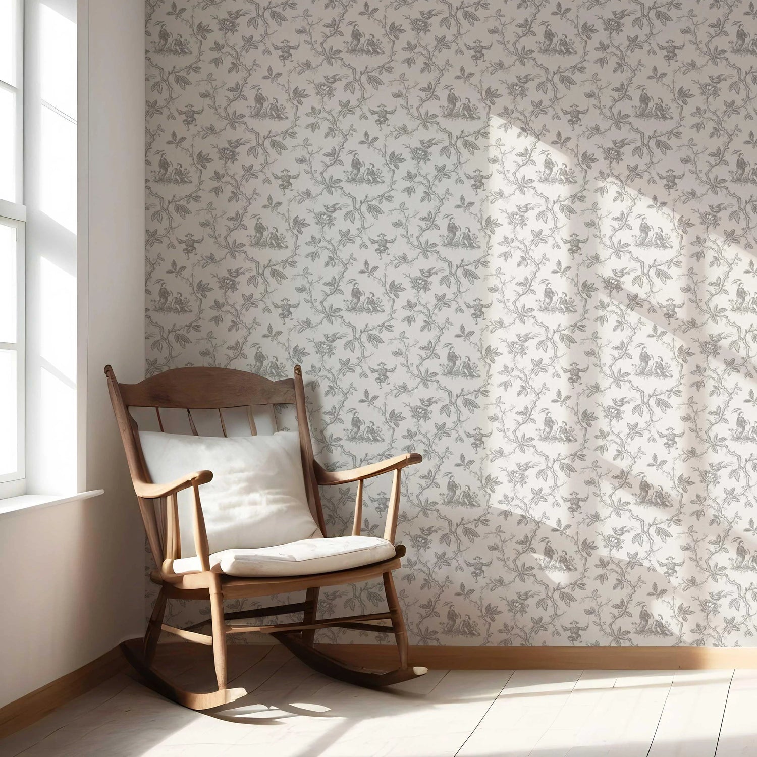 Floral Toile de Jouy Nursery Wallpaper (Gray/ Off-White)