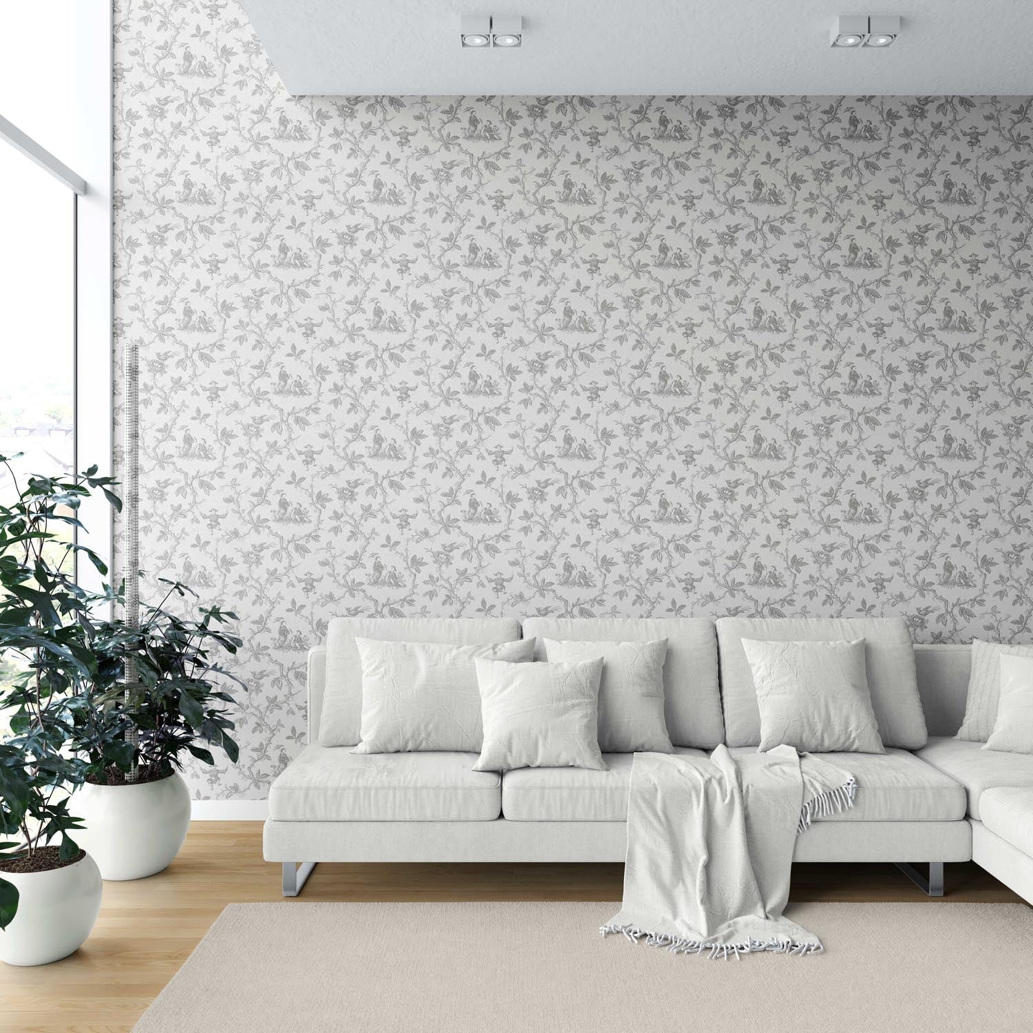 Floral Toile de Jouy Shower Toilet Wallpaper (Gray/ Off-White)