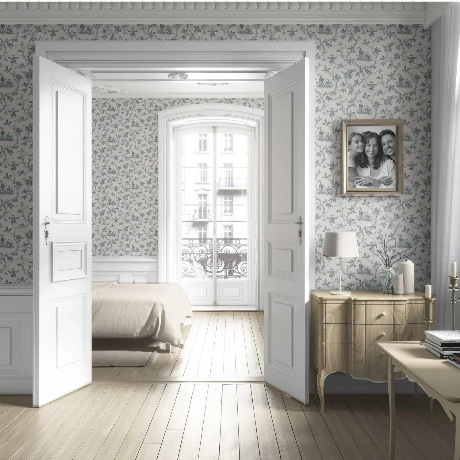 Floral Toile de Jouy Living Room Wallpaper (Blue-Gray/ Off-White)