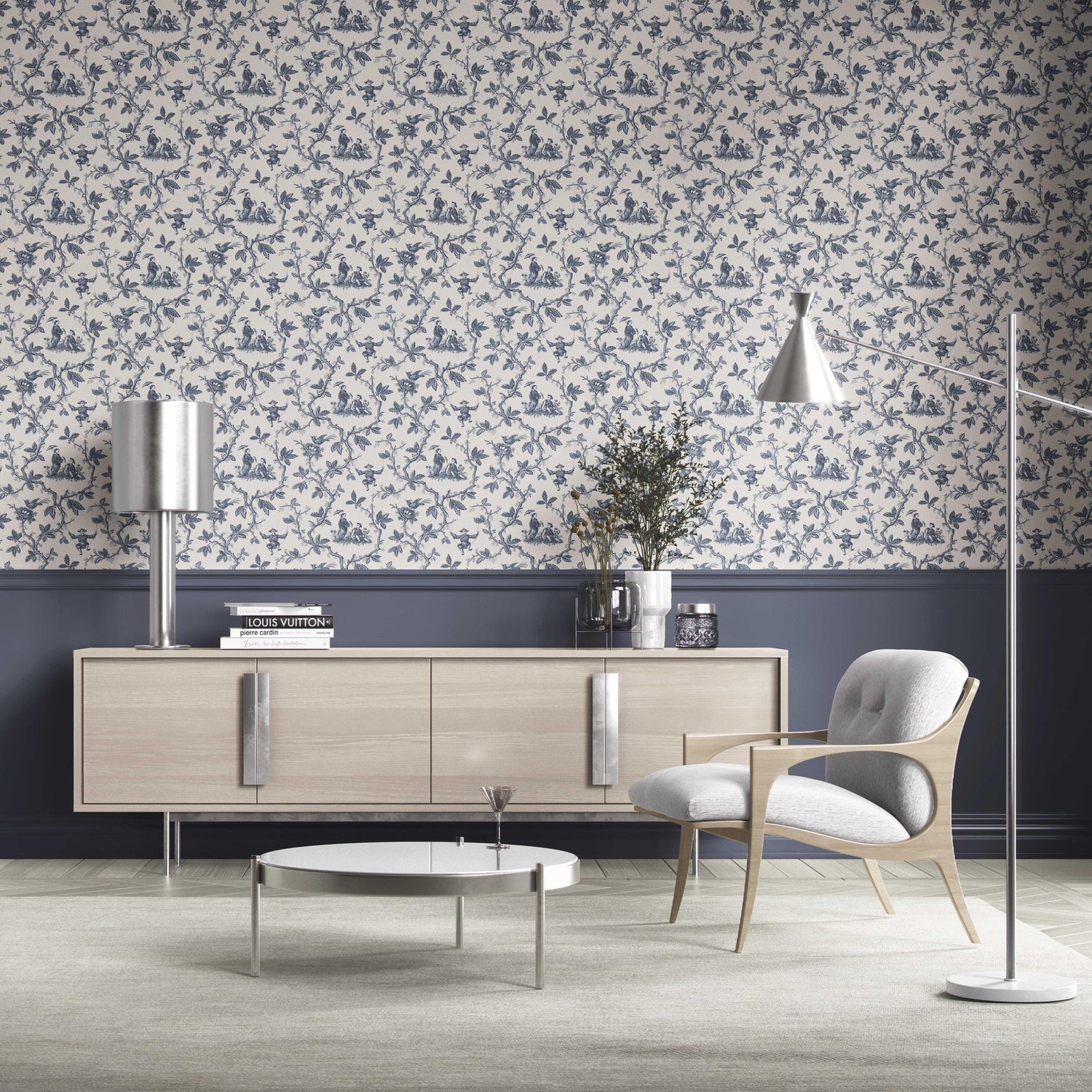 Floral Toile de Jouy Kitchen Wallpaper (Navy Blue/ Off-White)