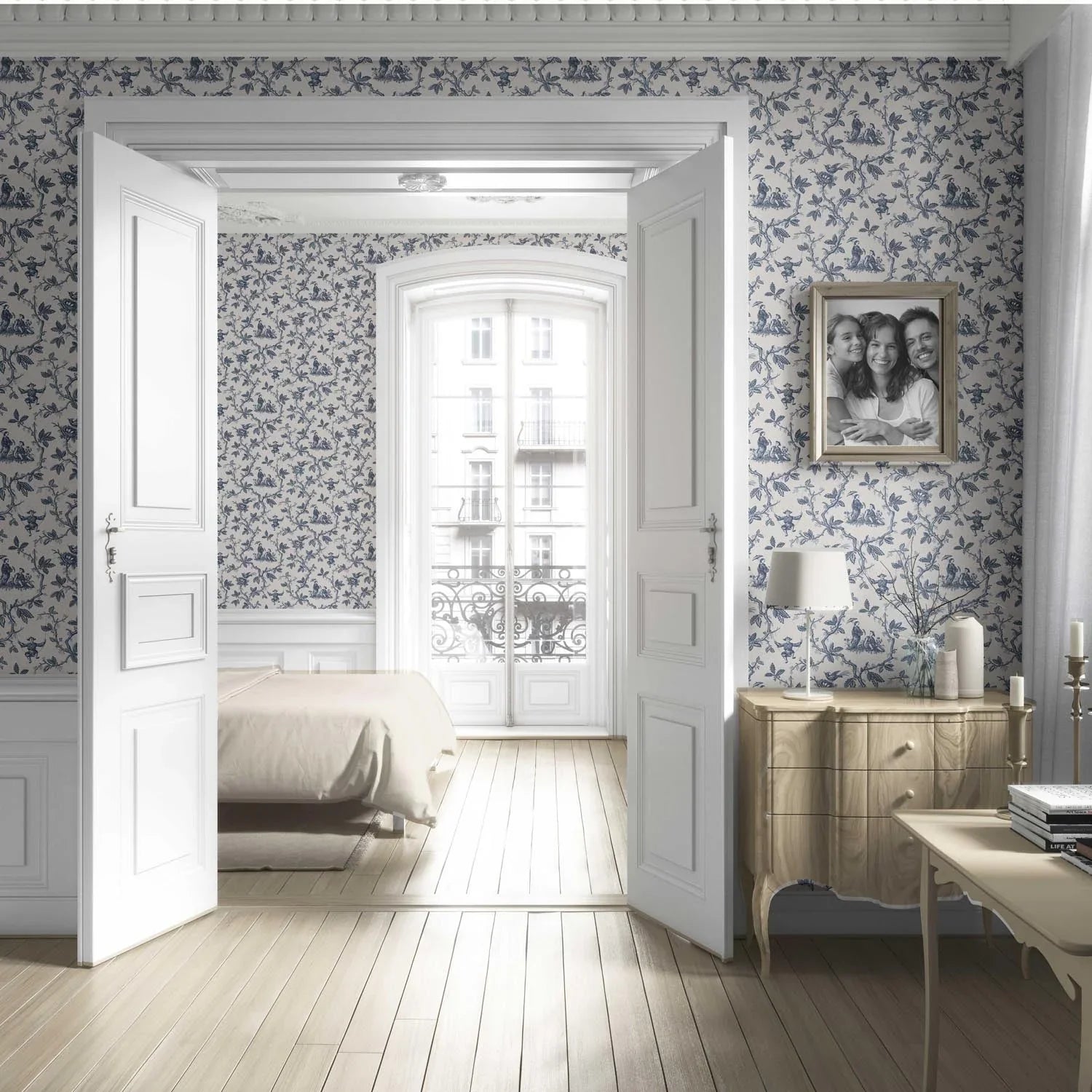 Floral Toile de Jouy Living Room Wallpaper (Navy Blue/ Off-White)