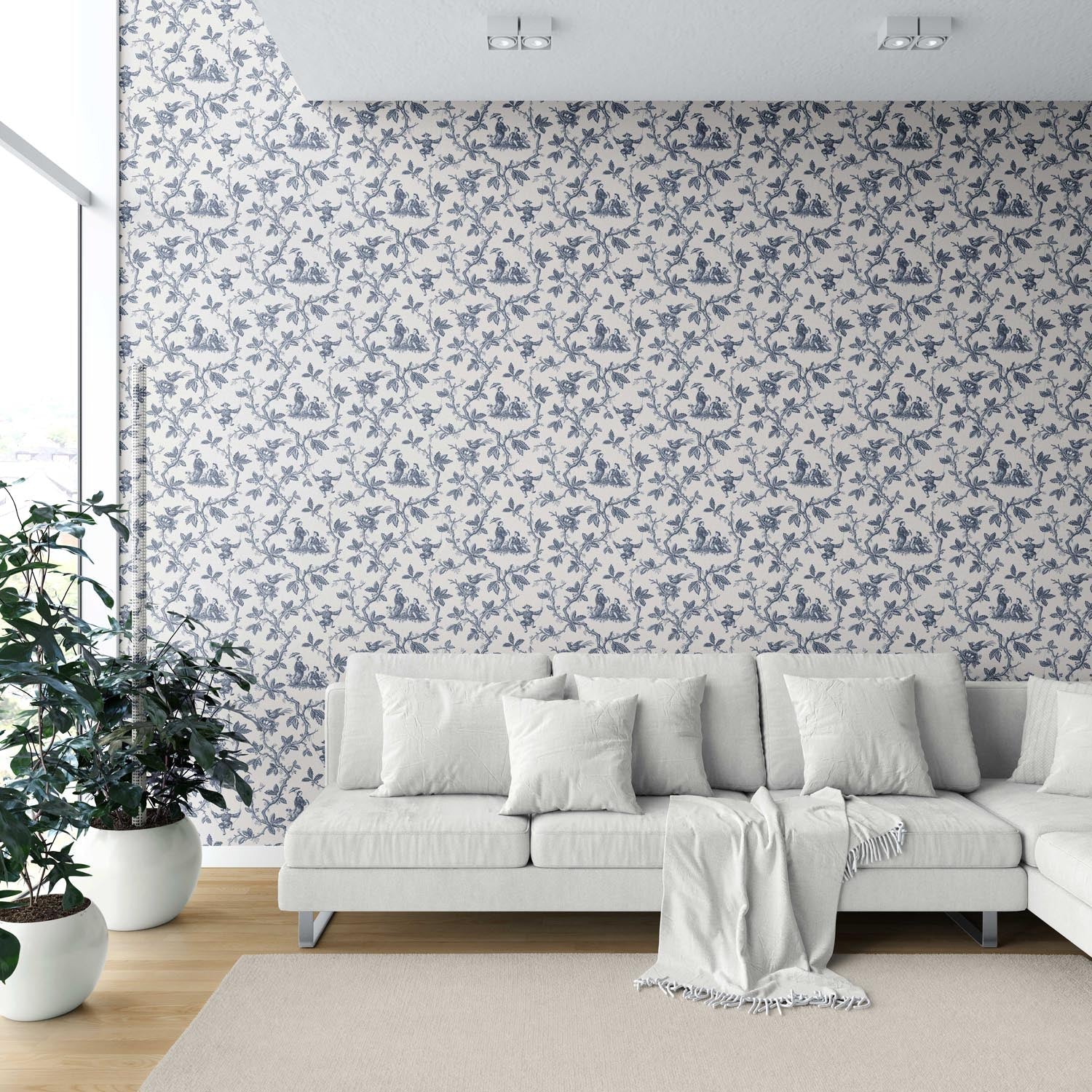 Floral Toile de Jouy Shower Toilet Wallpaper (Navy Blue/ Off-White)