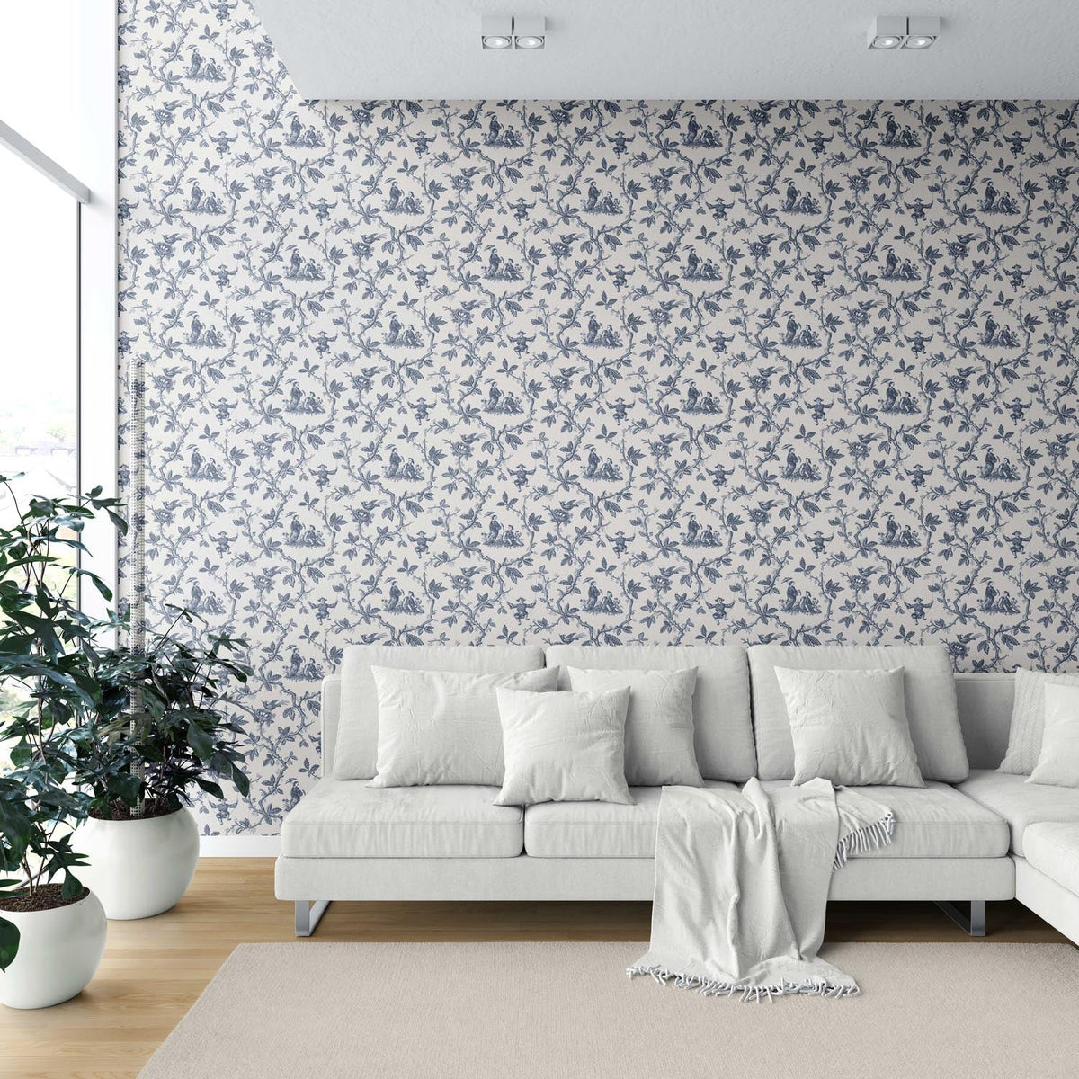 Floral Toile de Jouy Shower Toilet Wallpaper (Navy Blue/ Off-White)