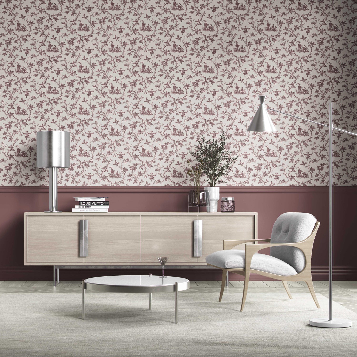Floral Toile de Jouy Kitchen Wallpaper (Brick Red/ Deep Pink)