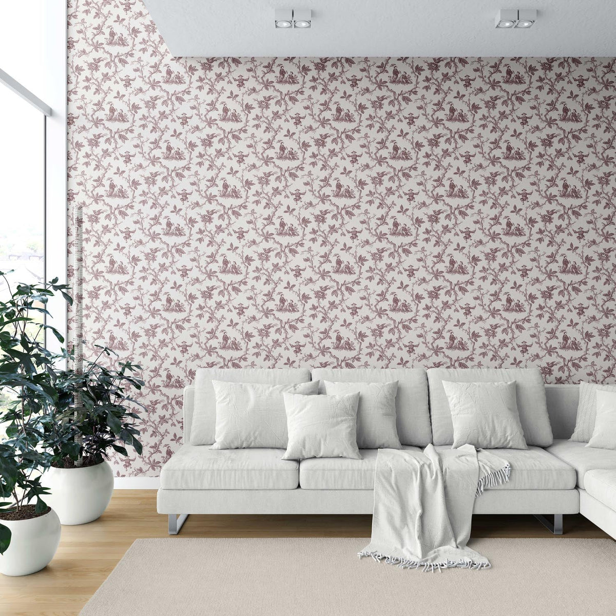 Floral Toile de Jouy Shower Toilet Wallpaper (Brick Red/ Deep Pink)