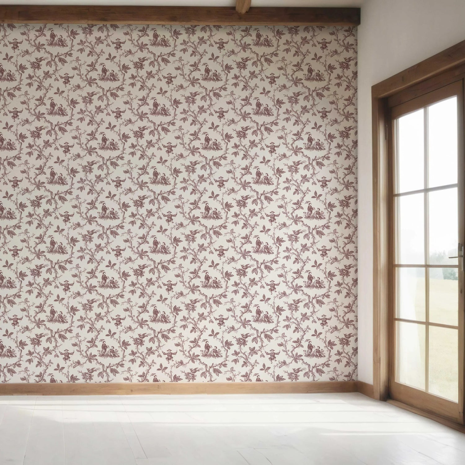 Floral Toile de Jouy Bedroom Wallpaper (Brick Red/ Deep Pink)