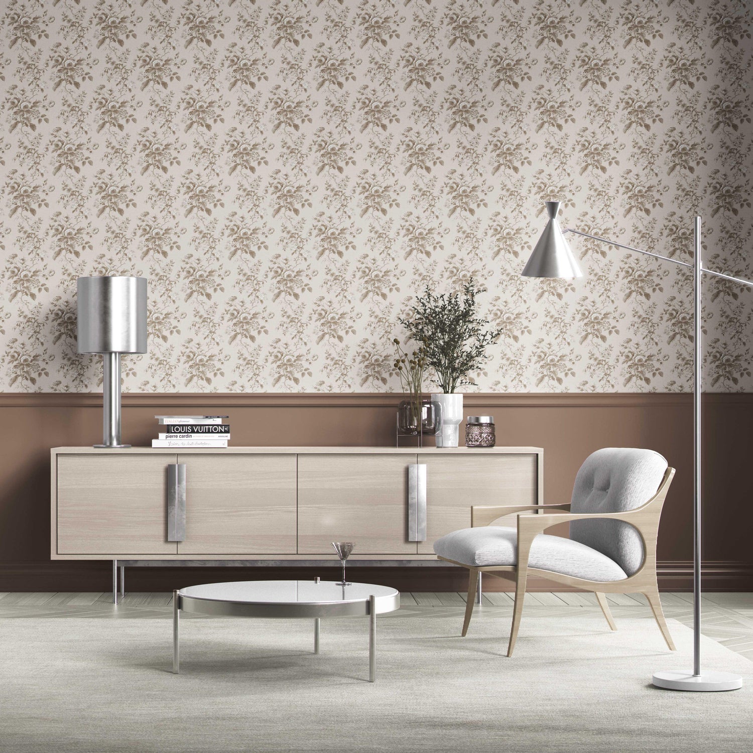 Vintage-Inspired Floral Toile/ Botanical Kitchen Wallpaper (Beige/ Brown/ Taupe)