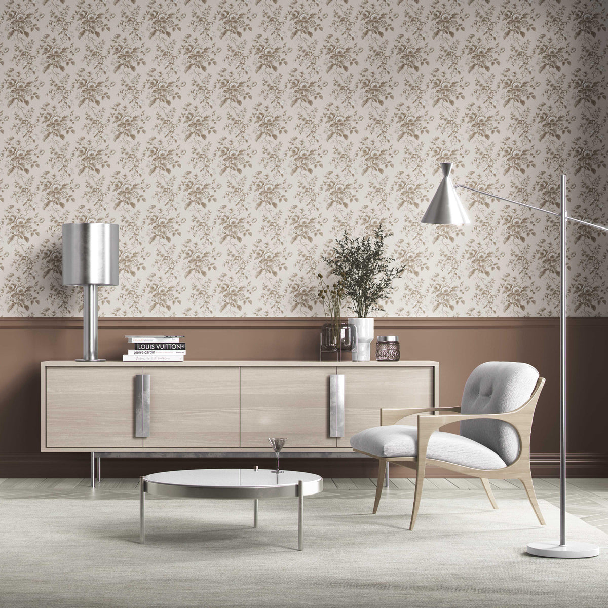 Vintage-Inspired Floral Toile/ Botanical Kitchen Wallpaper (Beige/ Brown/ Taupe)